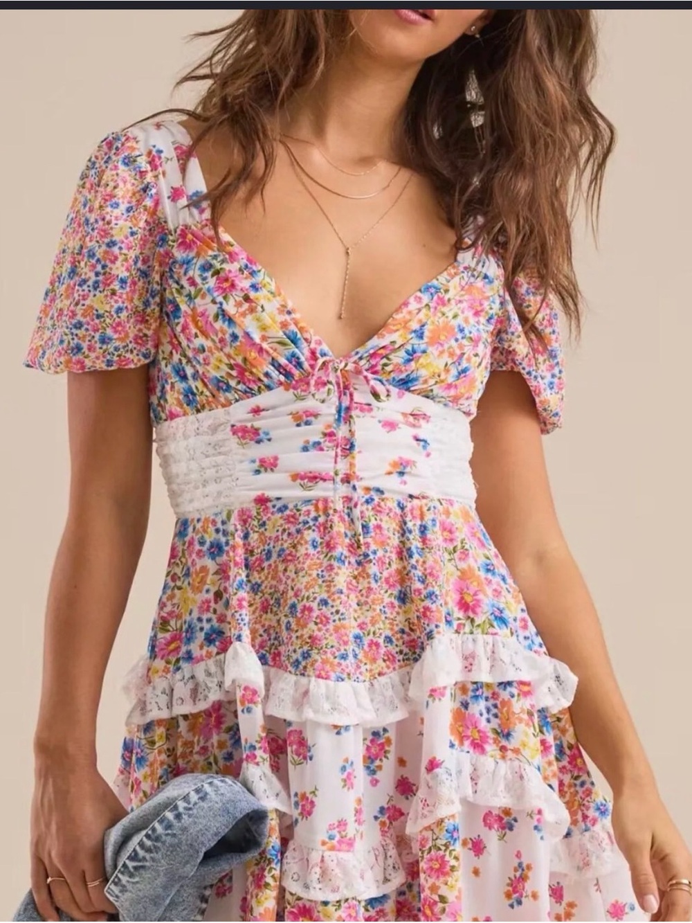 Altar'd State White & Multi Floral Ruffle Smocked Short Dress